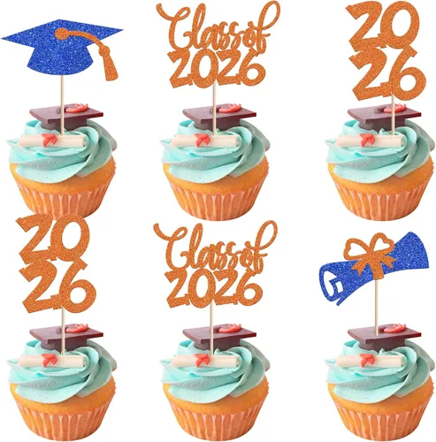 Vista 49 de 24 piezas 2026 temáticas de graduación 2026 decoraciones para cupcakes con purpurina clase de 2026 Diploma Congrats 2026 Tapa de graduación