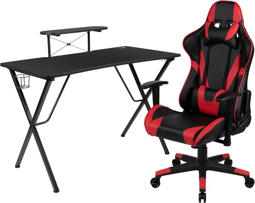 Vista 77 de Flash Furniture Juego de escritorio para juegos negro y silla de carreras blanco/negro con soporte para tazas, gancho para auriculares y soporte