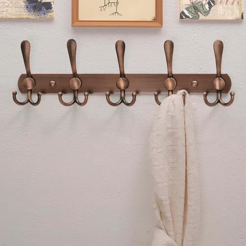 Vista 9 de Dseap - Perchero para pared, 5 ganchos triples, resistente, acero inoxidable, riel de gancho de metal para abrigos, sombreros, toallas, bolsos Cobre