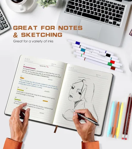 Vista 5 de Cuaderno rayado para mujeres y hombres, 256 páginas, tamaño A4, grande, de tapa dura, de cuero, para escribir, viajes, negocios, trabajo, escuela