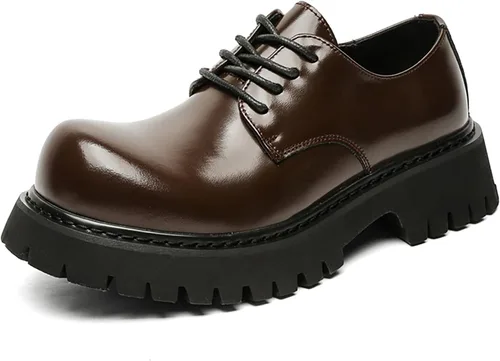Vista 7 de Zapatos Oxford de plataforma retro para hombre, tacón grueso, con cordones, zapatos de cuero, puntera redonda grande, suela antideslizante, zapatos