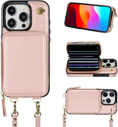 Vista 11 de Bocasal Funda tipo cartera cruzada para iPhone 15 Pro, funda de piel con bloqueo RFID y soporte para tarjetas, funda protectora con cremallera