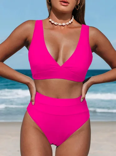 Vista 2 de Hilinker Bikini de leopardo para mujer, cuello en V, cintura alta, trajes de baño de 2 piezas