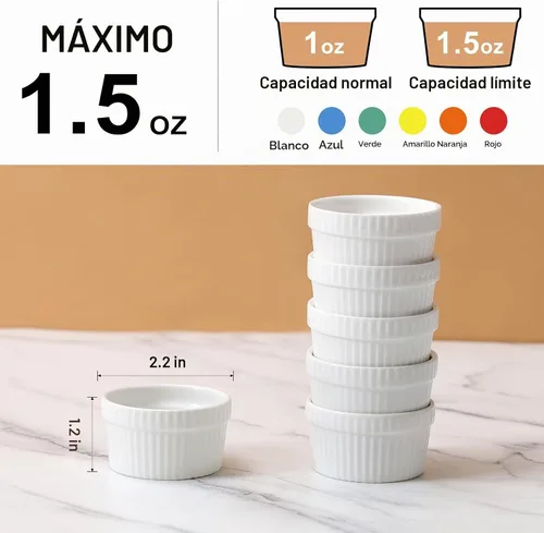 Vista 3 de Juego de 6 mini ramequines de 1.5 onzas, tazas pequeñas para salsa de inmersión, cuenco de inmersión Ramekin, plato de porcelana para soufflé