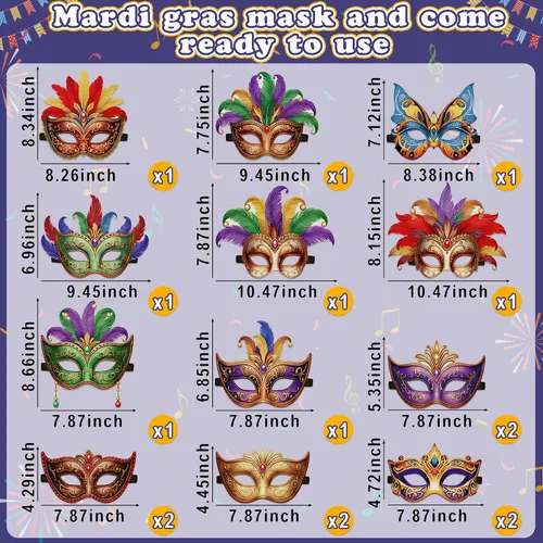 Vista 4 de Juego de 16 máscaras de Mardi Gras a granel decoraciones de fiesta de carnaval (fieltro)