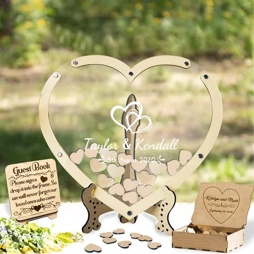 Vista 19 de Libro alternativo de corazón personalizado para libro de invitados con 30 a 100 corazones de madera, caja de madera personalizada para decoración