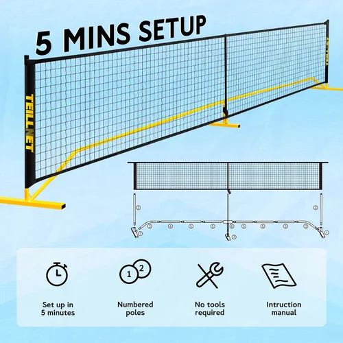 Vista 5 de Teillnet Pickleball Net Set – 22FT Portable Net with Metal Holder & 4 Balls, Sturdy Steel Frame Ultra Stable Easy Setup & Carrying Bag