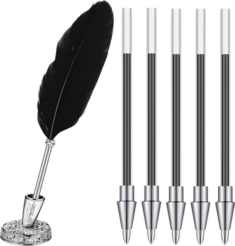Vista 8 de Bolígrafo de plumas y soporte de bolígrafo de metal vintage, tinta negra, pluma de plumas vintage con 5 piezas de repuesto para boda, firma
