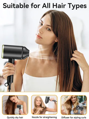 Vista 6 de Secador de pelo, secador iónico de 150000 rpm, secado rápido, bajo ruido, plegable portátil con difusor y boquilla, mini compacto para mujeres