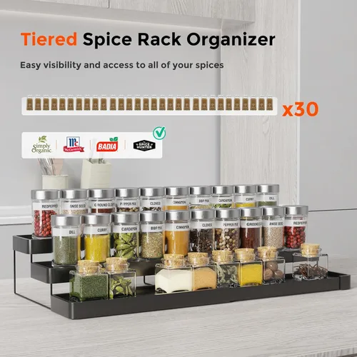 Vista 5 de Organizador de especias expandible – Organizador de especias ajustable de 3 niveles para gabinete y encimera – Fácil visibilidad – Negro