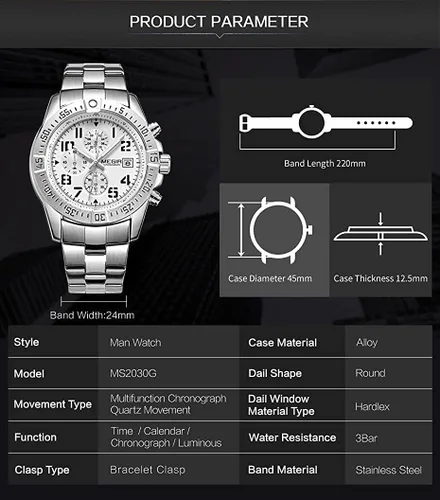 Vista 7 de Megir Reloj de pulsera analógico de acero inoxidable con cronógrafo de cuarzo para hombre
