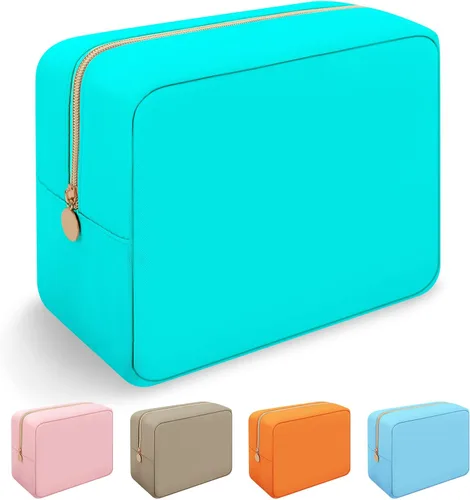 Vista 12 de Iqimott Bolsa Grande de Maquillaje de Nylon, Neceser de Viaje, Bolsa Grande de Cosméticos Preppy, Organizador de Maquillaje de Nylon, Bolsa de Beige
