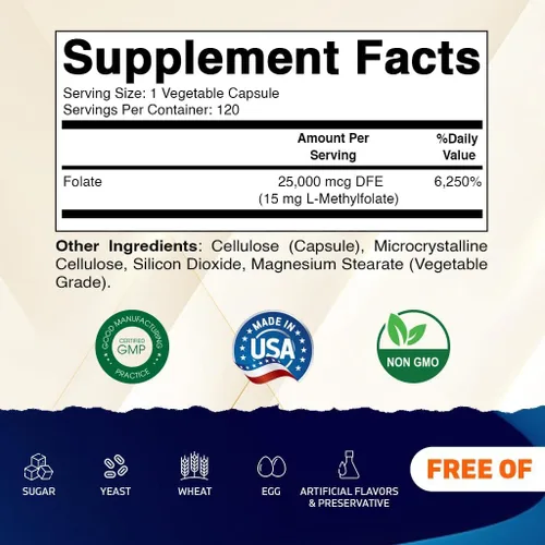 Vista 2 de Vitamatic Folato de metilo 15mg – 120 cápsulas vegetales optimizadas y activadas de alta potencia – Folato metabólicamente activo