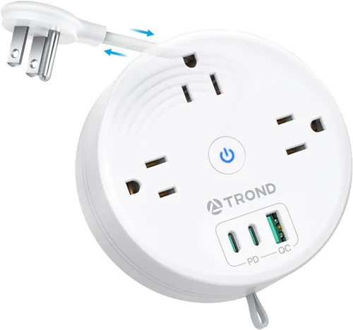 Vista 9 de TROND - Regleta de alimentación con cable de extensión retráctil - Regleta de alimentación de viaje con 3 tomas de CA, 3 puertos USB (2 USB C)