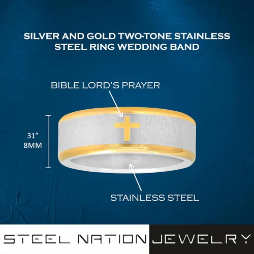 Vista 3 de STEEL NATION JEWELRY Anillo de boda de acero inoxidable de dos tonos de 0.315 in de plata y oro, con cruz y oración del Señor de la Biblia
