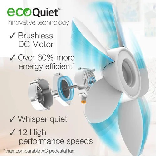 Vista 3 de Lasko EcoQuiet - Ventilador de pedestal oscilante con motor silencioso de corriente continua, 12 velocidades, temporizador de 8 horas, altura