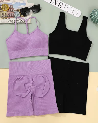 Vista 4 de Conjuntos de entrenamiento para mujer, 4 piezas, sin costuras, espalda descubierta, brasier deportivo, cintura alta, corto, yoga, gimnasio, conjunto