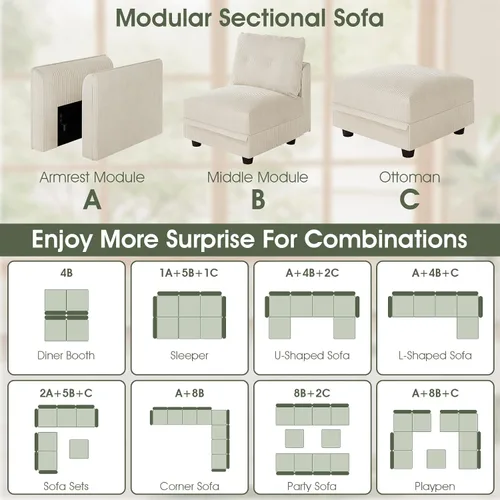 Vista 9 de LLappuil Sofá Seccional Modular con Asientos de Almacenamiento, Sofá Modular Convertible de Pana Chaise para Sala de Estar, Sofás de 5 Plazas con 3