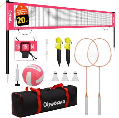 Vista 10 de Juego de red combinada de voleibol y bádminton al aire libre de 20 pies para patio trasero y playa con postes ajustables, red duradera