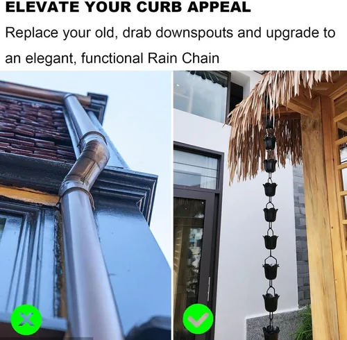 Vista 4 de Rain Chains 3.3ft-16.4ft Aluminium Alloy Rain Chain Black Powder Coated, Functional and Decorative Replacement for Gutter Downspouts(1m (3.3ft))