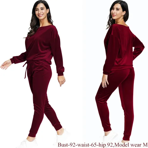 Vista 4 de Fixmatti Conjunto de sudadera de terciopelo de 2 piezas con un hombro descubierto para mujer