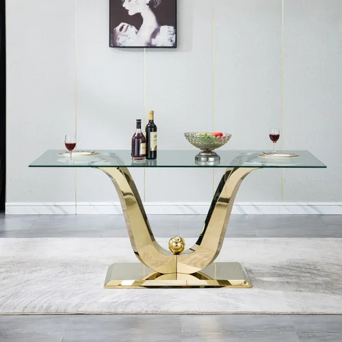 Vista 2 de Mesa de comedor moderna de vidrio de 70 pulgadas para 6-8, mesa de comedor de cristal dorado de lujo con base de acero inoxidable en forma de flores