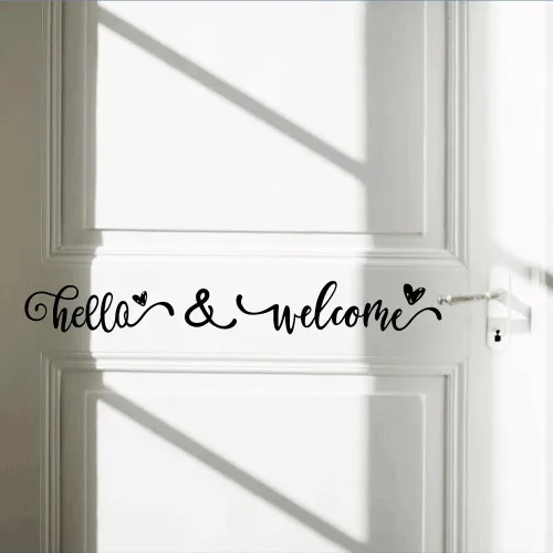 Vista 2 de PLIGREAT Calcomanías de pared con texto en inglés "Hello & Welcome Quotes", calcomanías de pared de vinilo removible para el hogar, oficina, lugar
