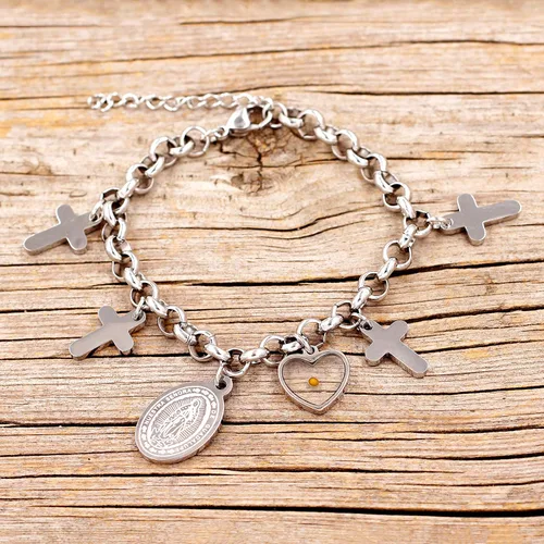 Vista 3 de Madre María Milagrosa Medalla Enlace Cadena Pulsera Mostaza Semilla Cruz Cristiana Joyería Acero Inoxidable Y914
