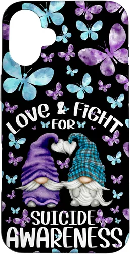 Vista 22 de iPhone 16 Purple Gnome With Cute Butterfly Pattern Suicide Awareness Case