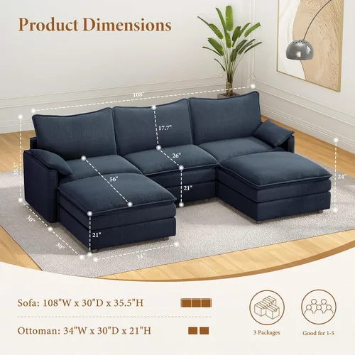 Vista 2 de Vesgantti Sofá modular en forma de U de 108 pulgadas, cómodo sofá modular Cloud con 2 otomanas de asiento profundo de chenilla, sofás modulares