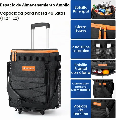 Vista 2 de Odoland 72 Can Rolling Cooler, Leakproof Insulated Cooler Bag with Handle 2-in-1 Collapsible Trolley Cart, Camping & Tailgating - Portable Travel