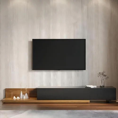 Vista 3 de homary Soporte extensible de madera para TV, centro de entretenimiento rectangular, consola multimedia con 3 cajones (negro y nogal)