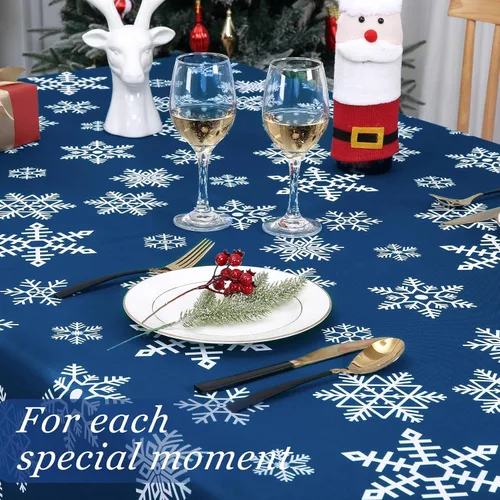 Vista 6 de CAROMIO Mantel navideño rectangular de 60 x 120 pulgadas, diseño de copos de nieve azules, decoración de Navidad para exteriores, para cena