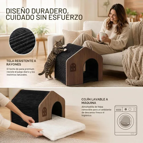Vista 5 de Moderna casa de madera para gatos para interiores, cama tipo cueva cerrada de grado E0 con cojín lavable, muebles ecológicos no tóxicos