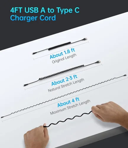 Vista 6 de Cable USB C de carga rápida, paquete de 2 cables de carga USB A a USB C en espiral de 3 pies para automóvil, cable de carga USB-C compatible