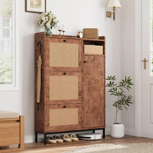 Vista 3 de GarveeHome Zapatero de ratán con 3 cajones abatibles y zapatero de almacenamiento de 4 niveles, organizador de zapatos independiente con estantes