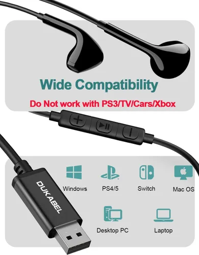 Vista 2 de DUKABEL Auriculares USB con cable, auriculares USB con micrófono para PCPS4PS5, auriculares estéreo intrauditivos de 6 pies con control de volumen