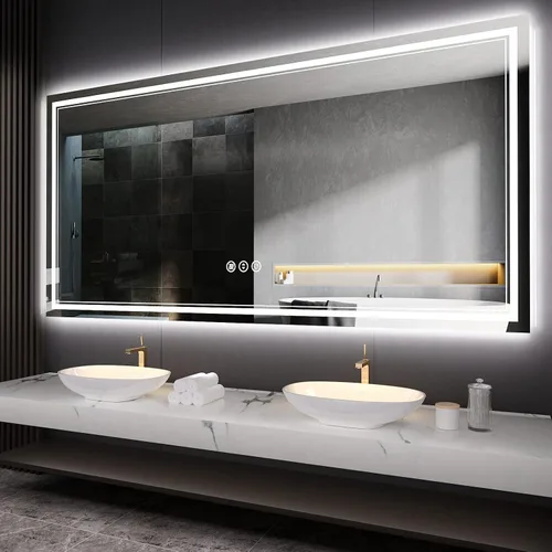 Vista 51 de Espejo de baño LED de 24 x 28 pulgadas, luz frontal y retroiluminada, antiniebla, regulable, espejo de tocador iluminado con memoria, espejo LED