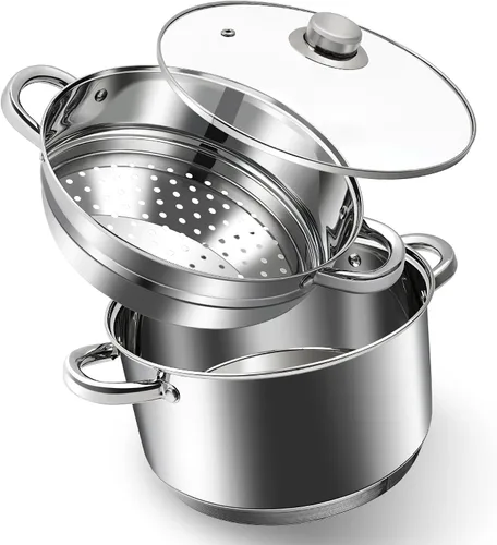 Vista 9 de AuFranc® olla de 4 cuartos de acero inoxidable 18/10 de tres capas con tapa de vidrio templado y vaporera, olla a vapor multiusos compatible