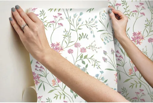 Vista 6 de RoomMates White Meadow Mix - Papel tapiz autoadhesivo Blanco/Verde/Rosa