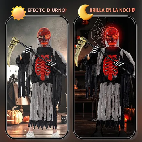 Vista 2 de FathiSooc Conjunto de disfraz de parca de Halloween, máscara de calavera LED, capa andrajosa, guantes de esqueleto, guadaña de calavera