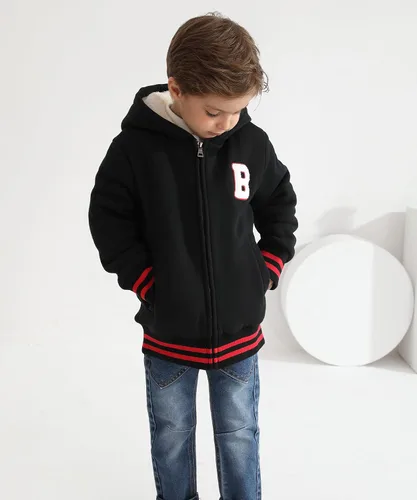 Vista 3 de Bumeex Chaqueta con forro polar Sherpa para niños y niñas, para primavera, otoño, invierno, con cremallera, sudadera con capucha de 2 a 14 años Negro
