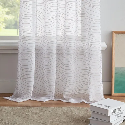 Vista 2 de Enactex Cortina transparente con bordado blanco con patrón de ondas beige de 63 pulgadas de longitud para sala de estar, diseño moderno, cortinas