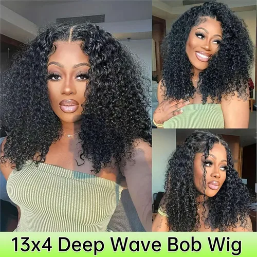 Vista 5 de Pelucas cortas de 10 pulgadas estilo Bob 13x4 con ondas profundas, peluca de pelo humano estilo Bob con encaje frontal HD de 200% de densidad