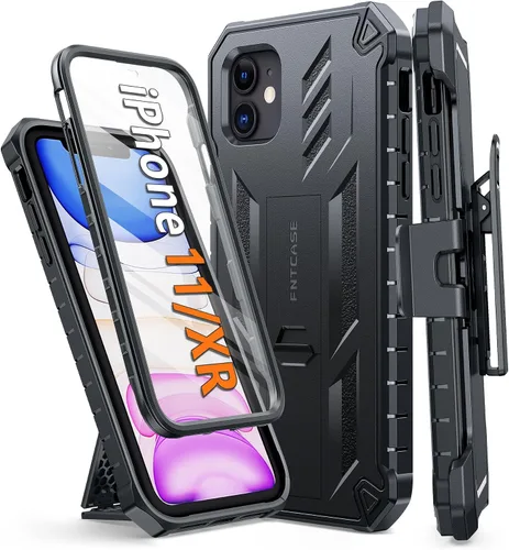 Vista 10 de FNTCASE Funda para iPhone 11: funda para iPhone XR [protector de pantalla y soporte integrados] [protección contra caídas de grado militar] Negro