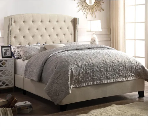 Vista 14 de Rosevera Atherine - Marco de cama tapizado de tela con cabecera ajustable, estilo Chesterfield, cabeza enrollada, soporte de listones de madera