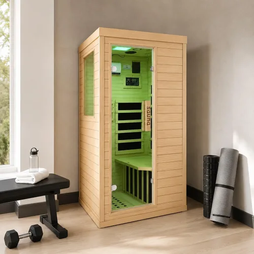 Vista 8 de Sala de sauna de infrarrojo lejano de 1350W para el hogar, sauna de madera canadiense de Hemlock de calentamiento rápido bajo EMF, luz de sauna que