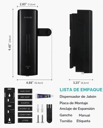Vista 9 de AIKE EasyPush - Dispensador de jabón líquido para montaje en pared, 11.8 Negro