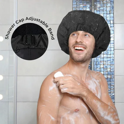 Vista 4 de Gorro de ducha para hombre, gorro de baño negro, reversible, con forro de rizo, grande, impermeable, ajustable, banda elástica, dobladillo elástico