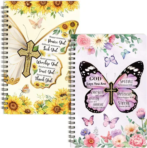 Vista 16 de Xqumoi - Paquete de 2 cuadernos en espiral A5 azules con lazo coqueto, cuadernos religiosos, versos bíblicos motivacionales, cuadernos de escritura